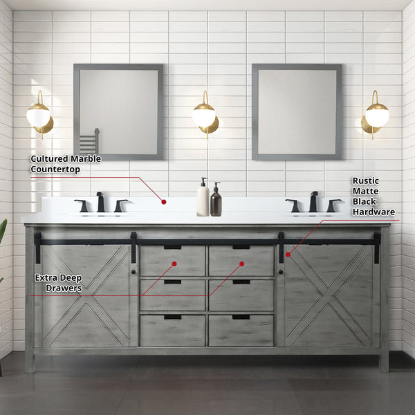 English Elm Ash Grey Double Bath Vanity 84 in. W x 22 in. D with Cultured Marble Top, Matte Black Faucets & Mirrors B2731S01124