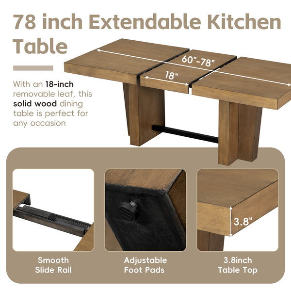 English Elm TOPMAX Solid Wood Extendable Dining Table Set for 6 with 18" Leaf, Trestle Legs, Cushioned Bench & Chairs Gray SP000089AAE