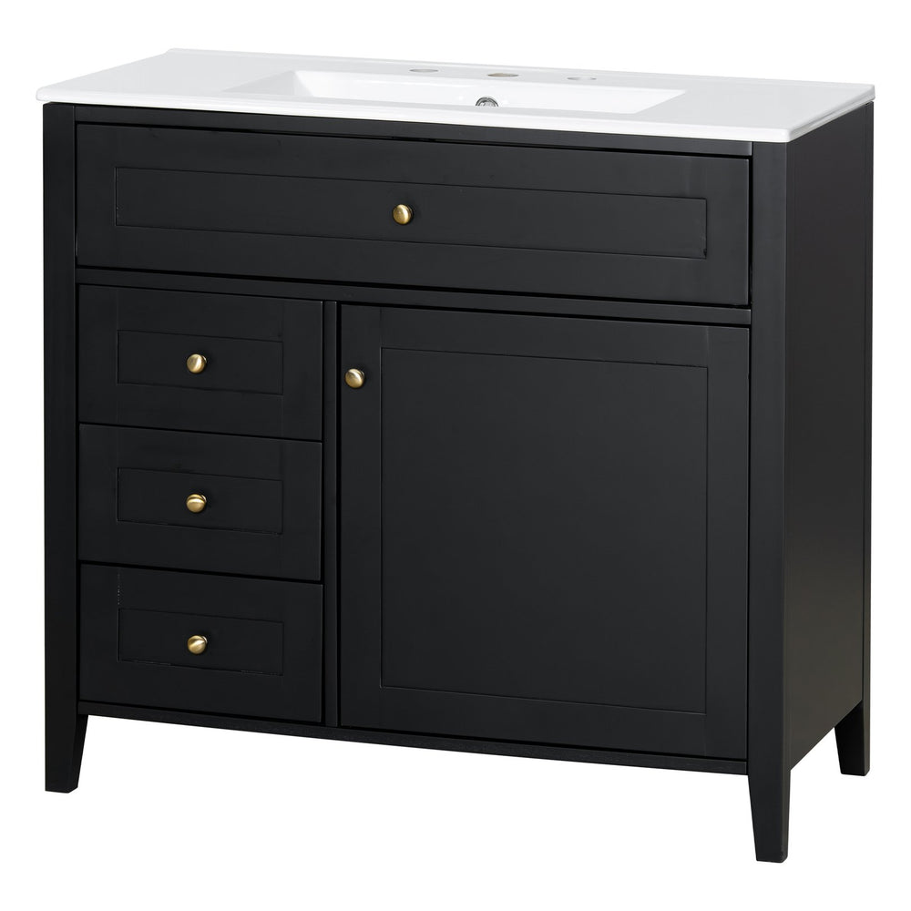 English Elm 36-Inch Black Bathroom Vanity With Sink – Modern Design, 3 Drawers, Adjustable Shelf For Storage N725P350821B