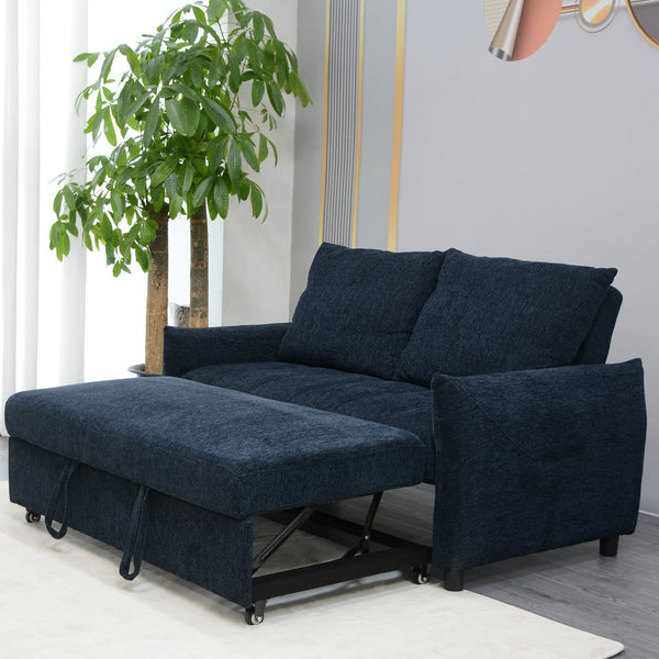 English Elm 57.48" Navy Line Velvet Sofa Bed with Adjustable 3‑Angle Backrest, Memory Foam Chaise, Modern Loveseat Sleeper (Navy) W1183S00023