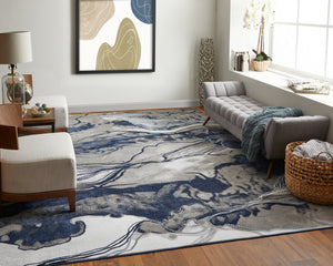 Feizy Rugs Gaspar Low Pile Abstract Rug - Stunning Watercolor Design, Fade And Stain Resistant For Busy Homes Blue,Gray,Ivory Polypropylene,Polyester 78739ktfgryblup18