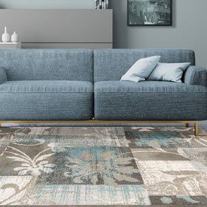 Homeroots 5' X 8' Teal Gray And Tan Floral Power Loom Distressed Stain Resistant Area Rug  Polypropylene 487000