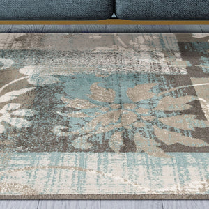 Homeroots 5' X 8' Teal Gray And Tan Floral Power Loom Distressed Stain Resistant Area Rug  Polypropylene 487000