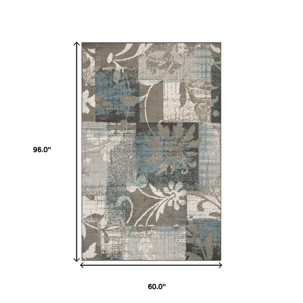 Homeroots 5' X 8' Teal Gray And Tan Floral Power Loom Distressed Stain Resistant Area Rug  Polypropylene 487000