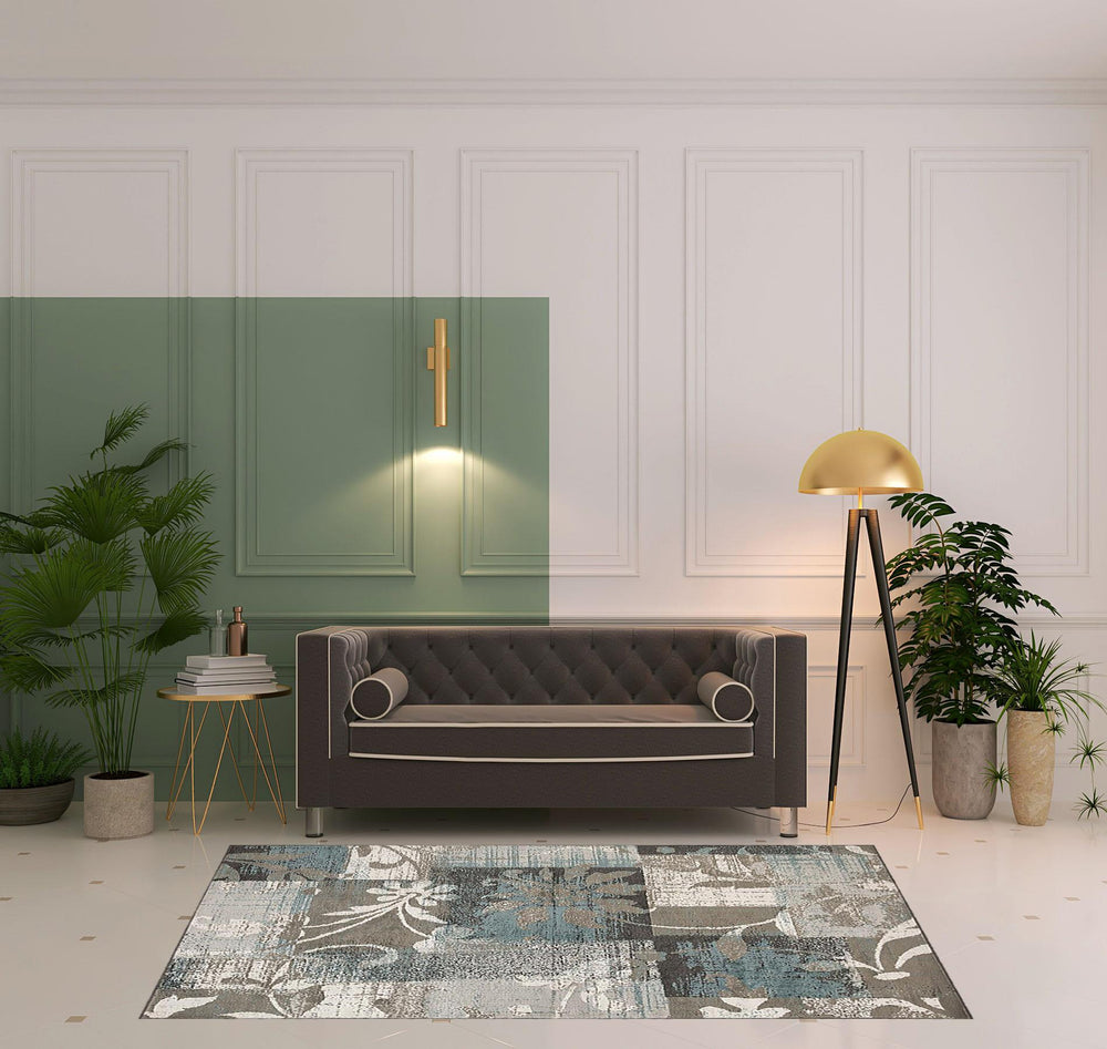 Homeroots 5' X 8' Teal Gray And Tan Floral Power Loom Distressed Stain Resistant Area Rug  Polypropylene 487000