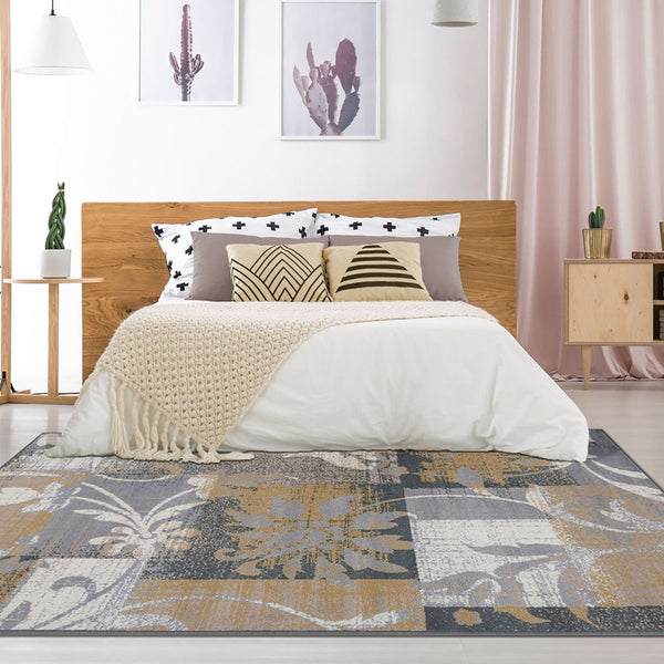 Homeroots 7' X 9' Beige And Gray Floral Power Loom Distressed Stain Resistant Area Rug  Polypropylene 487003