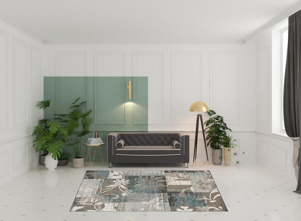 Homeroots 7' X 9' Teal Gray And Tan Floral Power Loom Distressed Stain Resistant Area Rug  Polypropylene 487004