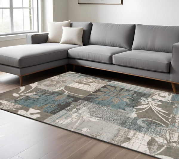 HomeRoots 7' Timeless Tan and Gray Floral Distressed Area Rug for Elegant, Durable Home Décor Solutions 7' X 9' 487004