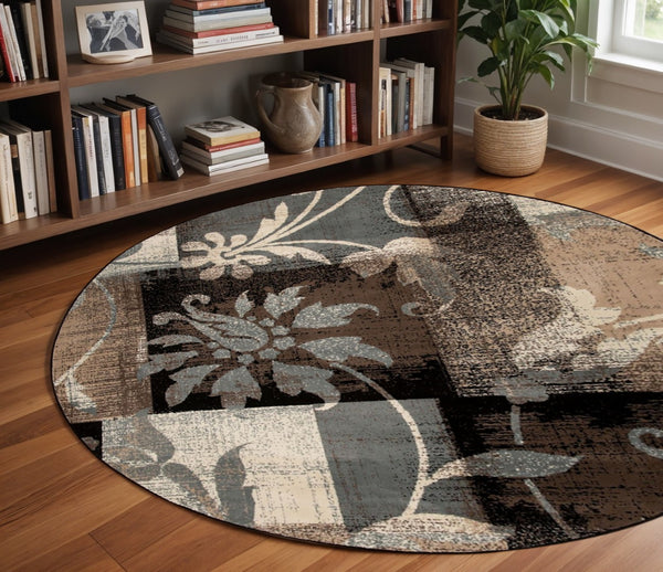 HomeRoots 7' Timeless Beige and Gray Floral Area Rug - Durable, Stain-Resistant Design for Any Room 8' Round 487005