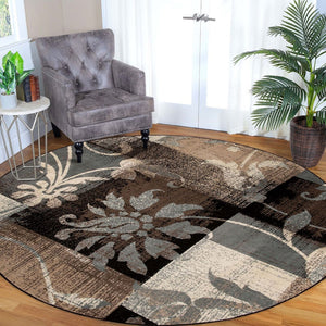 HomeRoots 7' Timeless Beige and Gray Floral Area Rug - Durable, Stain-Resistant Design for Any Room 8' Round 487005