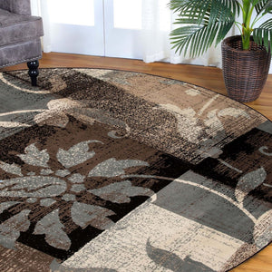 HomeRoots 7' Timeless Beige and Gray Floral Area Rug - Durable, Stain-Resistant Design for Any Room 8' Round 487005