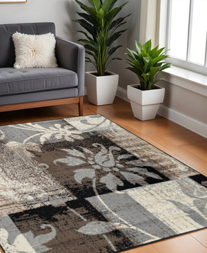 HomeRoots 7' Timeless Beige and Gray Floral Area Rug - Durable, Stain-Resistant Design for Any Room 8' Square 487011
