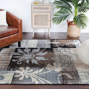 Homeroots 8' Square Beige And Gray Square Floral Power Loom Distressed Stain Resistant Area Rug  Polypropylene 487011