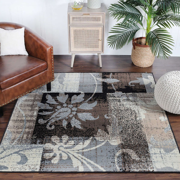 Homeroots 8' Square Beige And Gray Square Floral Power Loom Distressed Stain Resistant Area Rug  Polypropylene 487011