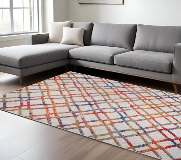 HomeRoots 7' Geometric Cream Area Rug - Stain Resistant, Non-Skid, Durable for Indoor & Outdoor Spaces 487017
