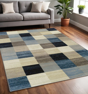 HomeRoots 5' Modern Geometric Area Rug in Blue, Black & Gray - Durable, Stain-Resistant, Stylish Home Accent 5' X 8' 487029