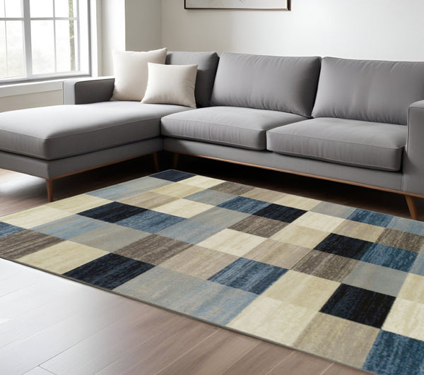 HomeRoots 5' Modern Geometric Area Rug in Blue, Black & Gray - Durable, Stain-Resistant, Stylish Home Accent 6' X 9' 487032