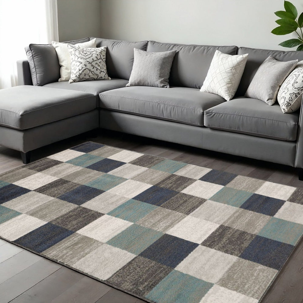 HomeRoots 8' Teal Ivory Gray Geometric Area Rug - Modern Design for Living Rooms, Durable Comfort for Families 8' X 10' 487035