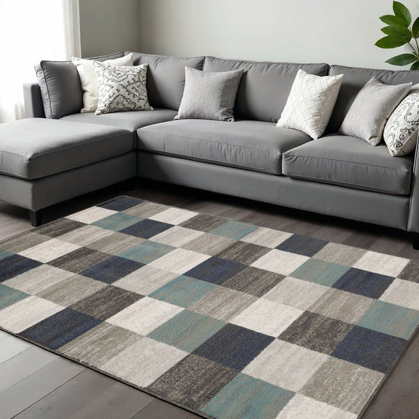 HomeRoots 8' Teal Ivory Gray Geometric Area Rug - Modern Design for Living Rooms, Durable Comfort for Families 8' X 10' 487035