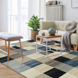 HomeRoots 5' Modern Geometric Area Rug in Blue, Black & Gray - Durable, Stain-Resistant, Stylish Home Accent 9' X 12' 487036