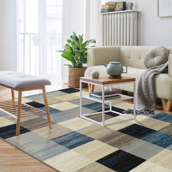 HomeRoots 5' Modern Geometric Area Rug in Blue, Black & Gray - Durable, Stain-Resistant, Stylish Home Accent 9' X 12' 487036
