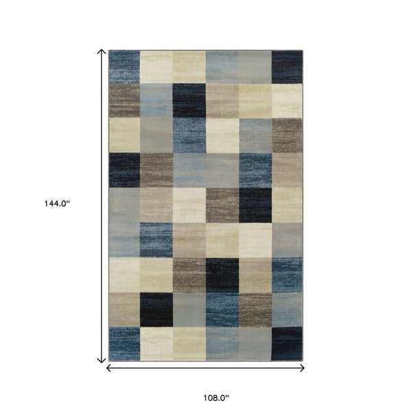 HomeRoots 5' Modern Geometric Area Rug in Blue, Black & Gray - Durable, Stain-Resistant, Stylish Home Accent 9' X 12' 487036