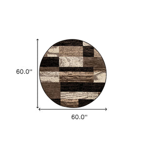 Homeroots 5' Round Chocolate Round Patchwork Power Loom Stain Resistant Area Rug  Polypropylene 487086