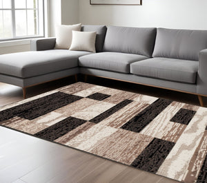 HomeRoots 7' Stylish Black, Brown & Beige Patchwork Area Rug - Durable, Stain-Resistant for High-Traffic Spaces 7' X 9' 487100