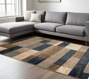 HomeRoots 7' Stylish Patchwork Area Rug in Soft Blue, Brown, and Beige – Durable, Stain-Resistant Design 7' X 9' 487104