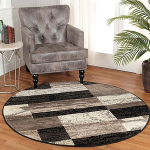 HomeRoots 7' Stylish Black, Brown & Beige Patchwork Area Rug - Durable, Stain-Resistant for High-Traffic Spaces 8' Round 487106