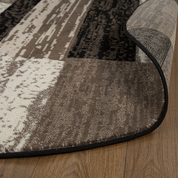 HomeRoots 7' Stylish Black, Brown & Beige Patchwork Area Rug - Durable, Stain-Resistant for High-Traffic Spaces 8' Round 487106