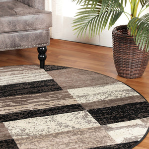 HomeRoots 7' Stylish Black, Brown & Beige Patchwork Area Rug - Durable, Stain-Resistant for High-Traffic Spaces 8' Round 487106