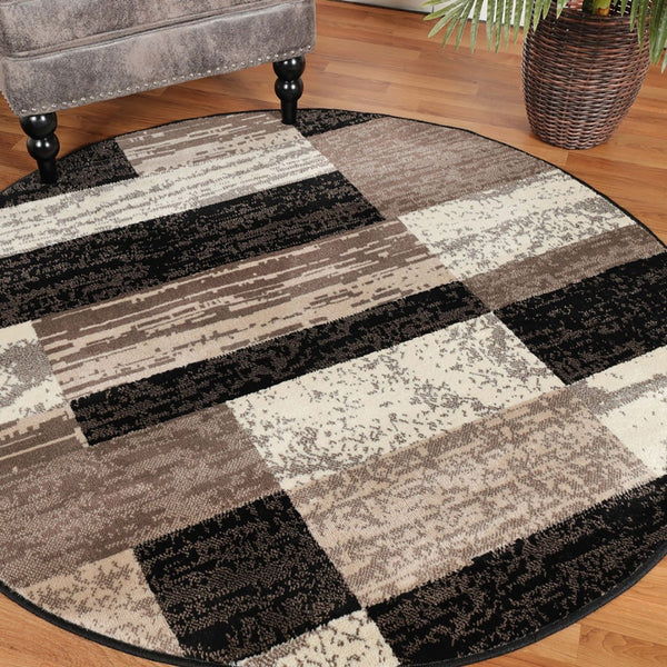 HomeRoots 7' Stylish Black, Brown & Beige Patchwork Area Rug - Durable, Stain-Resistant for High-Traffic Spaces 8' Round 487106