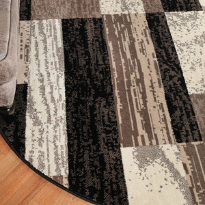 HomeRoots 7' Stylish Black, Brown & Beige Patchwork Area Rug - Durable, Stain-Resistant for High-Traffic Spaces 8' Round 487106