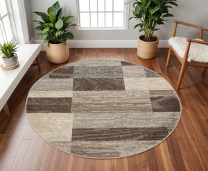 HomeRoots 7' Transitional Patchwork Area Rug in Beige, Slate Gray & Brown - Durable, Stylish & Stain-Resistant 8' Round 487107