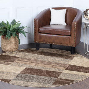 HomeRoots 7' Transitional Patchwork Area Rug in Beige, Slate Gray & Brown - Durable, Stylish & Stain-Resistant 8' Round 487107