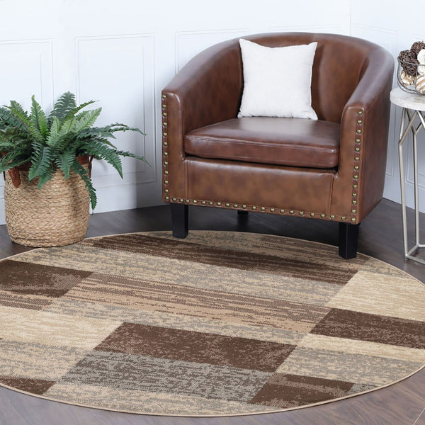 HomeRoots 7' Transitional Patchwork Area Rug in Beige, Slate Gray & Brown - Durable, Stylish & Stain-Resistant 8' Round 487107