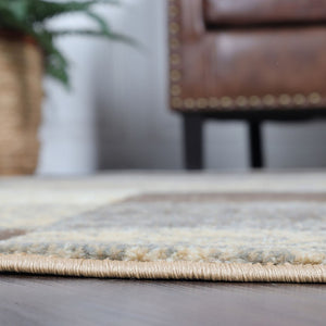 HomeRoots 7' Transitional Patchwork Area Rug in Beige, Slate Gray & Brown - Durable, Stylish & Stain-Resistant 8' Round 487107