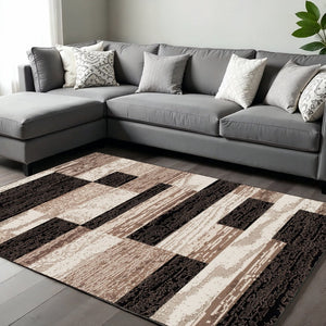HomeRoots 7' Stylish Black, Brown & Beige Patchwork Area Rug - Durable, Stain-Resistant for High-Traffic Spaces 8' X 10' 487110