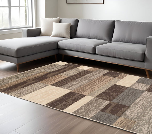 HomeRoots 7' Transitional Patchwork Area Rug in Beige, Slate Gray & Brown - Durable, Stylish & Stain-Resistant 8' X 10' 487115