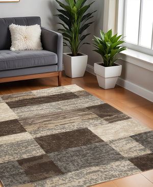 HomeRoots 7' Transitional Patchwork Area Rug in Beige, Slate Gray & Brown - Durable, Stylish & Stain-Resistant 8' Square 487116