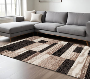 HomeRoots 7' Stylish Black, Brown & Beige Patchwork Area Rug - Durable, Stain-Resistant for High-Traffic Spaces 9' X 12' 487117