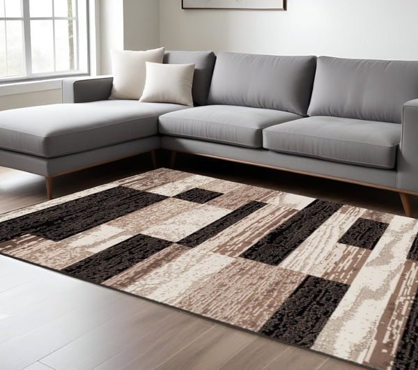 HomeRoots 7' Stylish Black, Brown & Beige Patchwork Area Rug - Durable, Stain-Resistant for High-Traffic Spaces 9' X 12' 487117