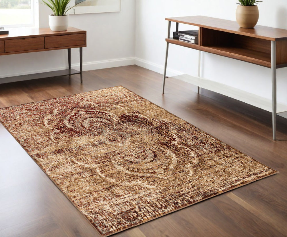 Homeroots 4' X 6' Maroon And Gold Abstract Power Loom Distressed Stain Resistant Area Rug  Polypropylene 487124