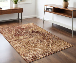 Homeroots 4' X 6' Maroon And Gold Abstract Power Loom Distressed Stain Resistant Area Rug  Polypropylene 487124