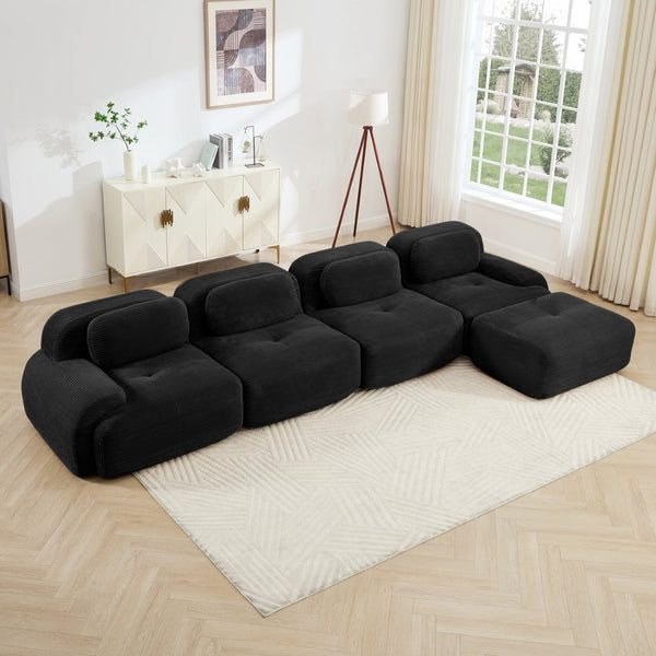 English Elm 4-seat Modular Corduroy Sectional Sofa with Curved Armrests for Living Rooms Black W714S01280