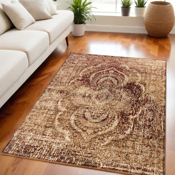 Homeroots 5' X 8' Maroon And Gold Abstract Power Loom Distressed Stain Resistant Area Rug  Polypropylene 487126