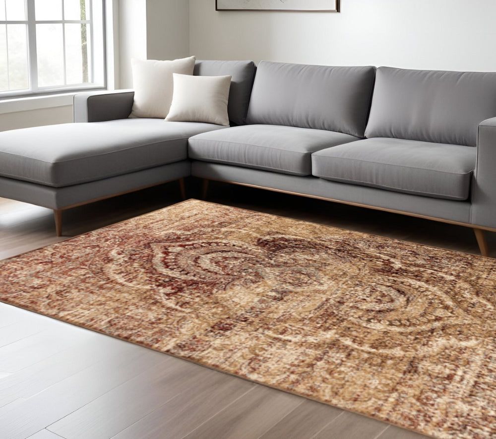 HomeRoots 5' Gold and Maroon Abstract Distressed Area Rug - Soft, Durable, Stylish Addition for Any Room 8' X 10' 487130