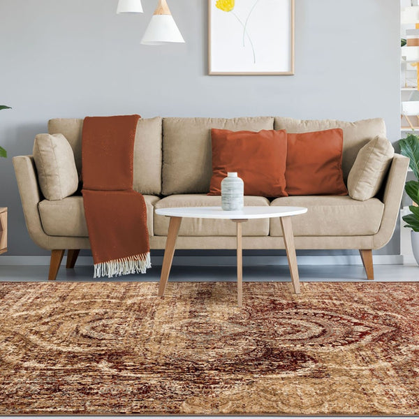 HomeRoots 9' Gold and Maroon Abstract Distressed Area Rug – Modern Elegance for High-Traffic Spaces & Family Homes 9' X 12' 487132
