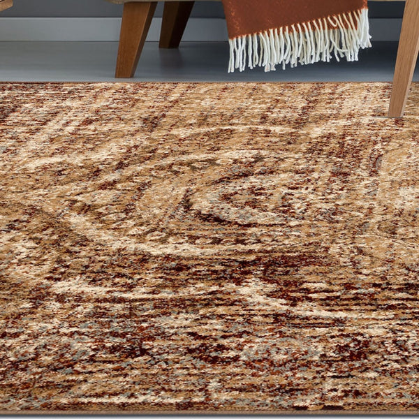 HomeRoots 9' Gold and Maroon Abstract Distressed Area Rug – Modern Elegance for High-Traffic Spaces & Family Homes 9' X 12' 487132